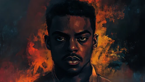 Intense portrait burns through shadow with molten color.