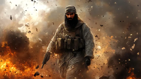 Militant figure advances through cinematic explosive firestorm