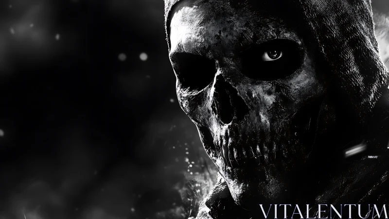 Hooded skull-faced specter stares from deep monochrome shadows.