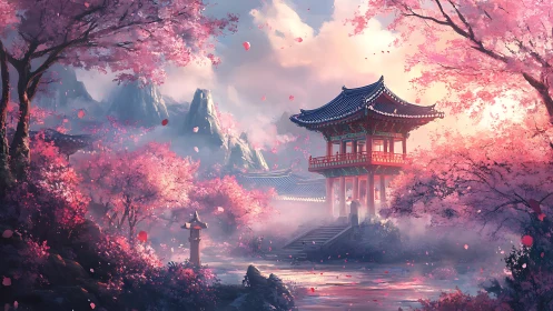 Digital painting of misty cherry blossom shrine pavilion at dawn.