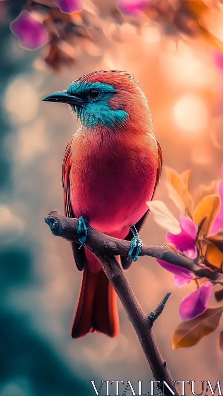 Vibrant coral bird rests amid glowing bokeh blossoms.