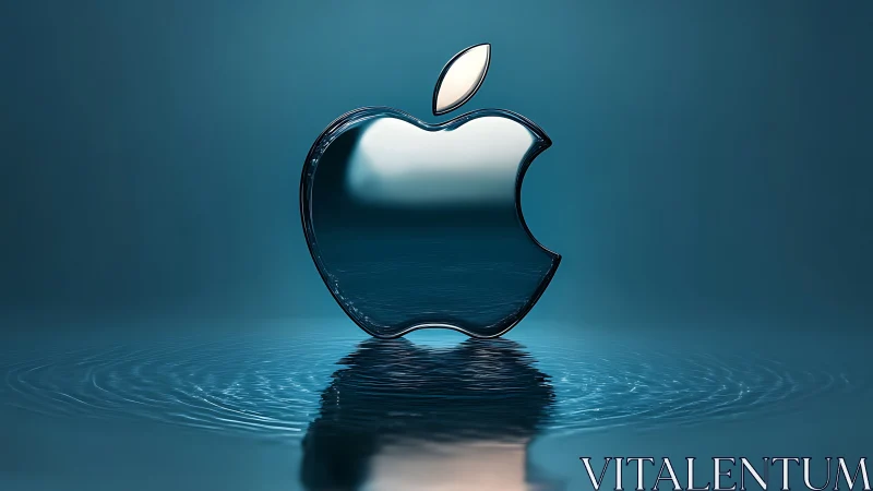 Liquid chrome apple emblem rising from tranquil ripples.