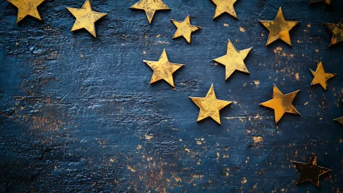 Metallic golden stars on distressed ultramarine surface.