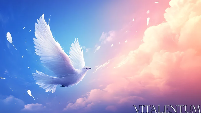 White dove ascends through gradient sky with luminous clouds