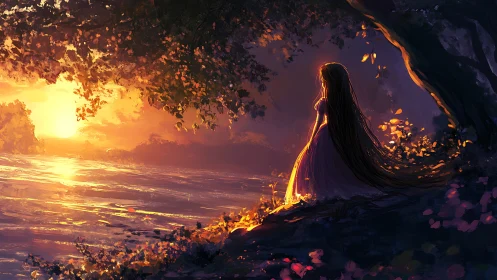 Solitary figure observing sunset across illuminated river.