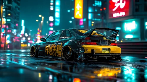 Cyberpunk tuner sedan on wet neon-lit Tokyo street at night
