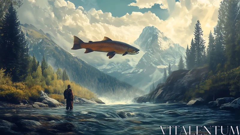 Surreal alpine river vista with colossal levitating trout