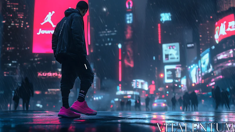 Neon rainwalker in pink sneakers owning the midnight crossroads.