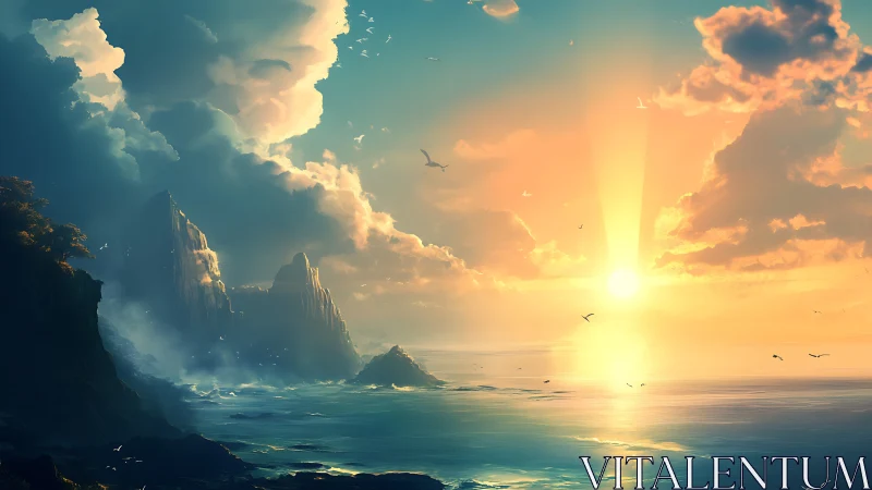 Sunlit coastal cliffs rendered with volumetric clouds and aerial depth