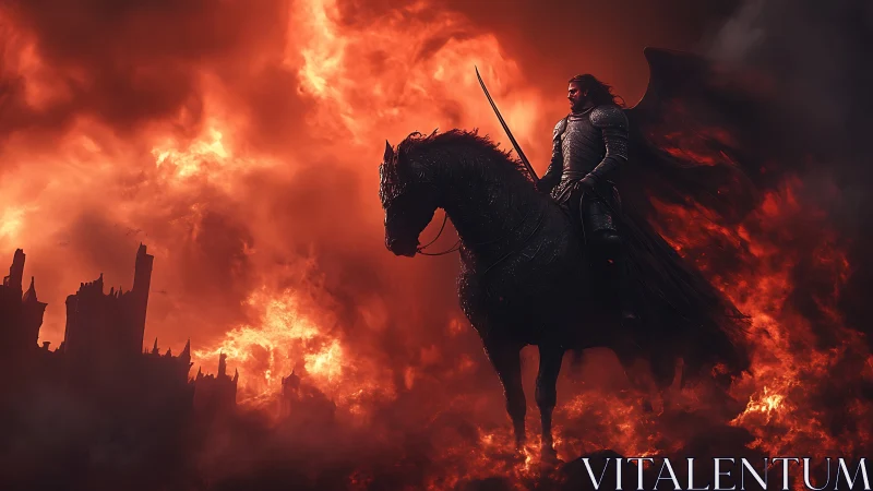 Armored rider on dark horse traverses extensive fire field