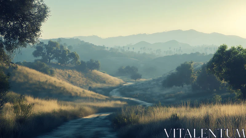 Dawn atmospheric perspective over winding grassland path.