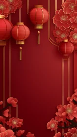 Red lanterns and floral elements on vertical red panel background.