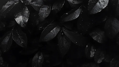 Dark wet foliage surface is rendered with high contrast lighting