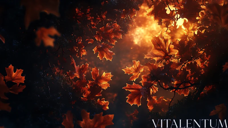 Overhead view of illuminated autumn maple leaves at dusk.