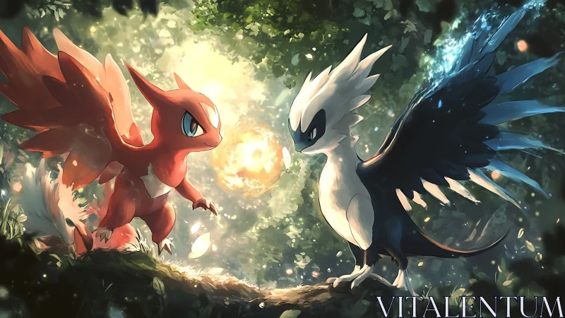 Elemental dragon duel rendered in luminous forest digital art