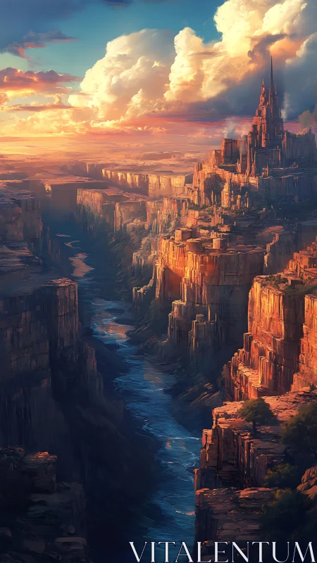 Sunlit cliffside citadel above winding canyon river at dusk.