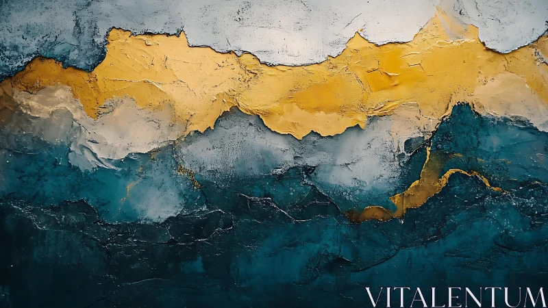Abstract landscape painting with bold gold and teal textured layers.