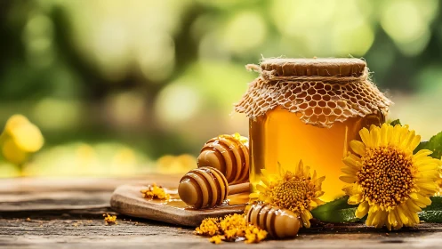 Golden honey jar with sunflowers on rustic wooden table.