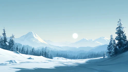 Silent blue sunrise over storybook winter mountainscape.