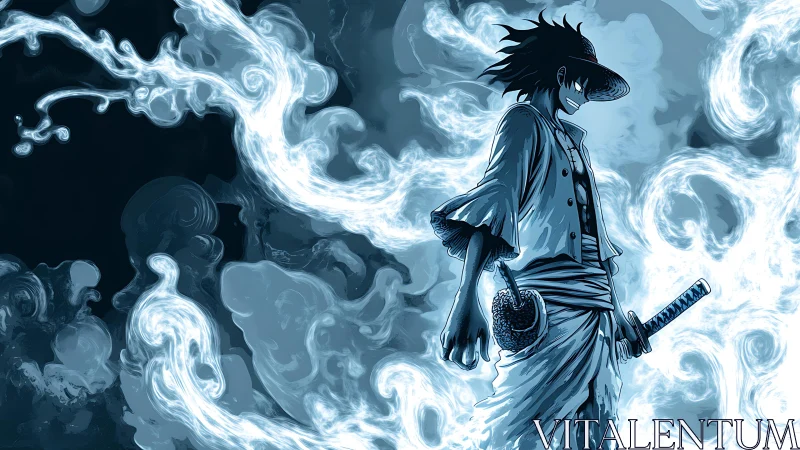 Storm-lit samurai strides through swirling ghostfire mists.