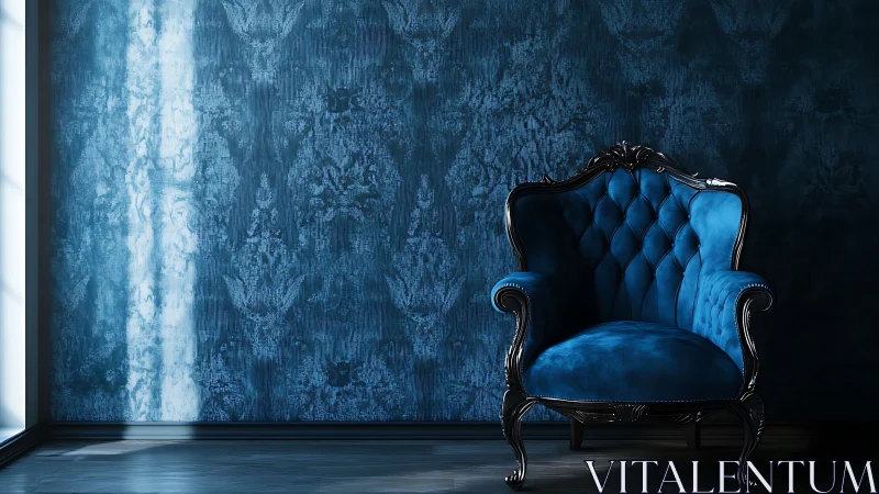 Velvet armchair against textured blue wall in light study.