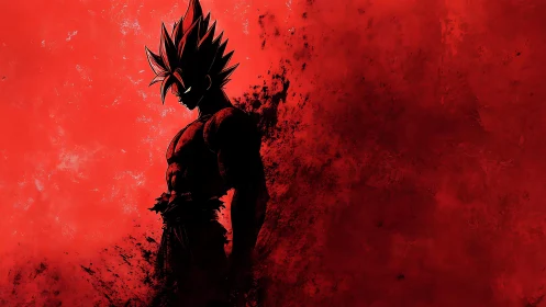 Silhouetted spiky haired fighter on textured red field.