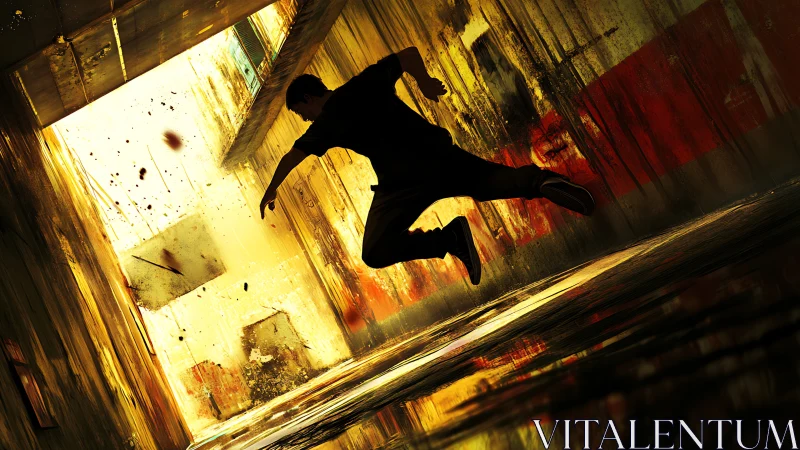 Urban leap into golden light and painted concrete walls.