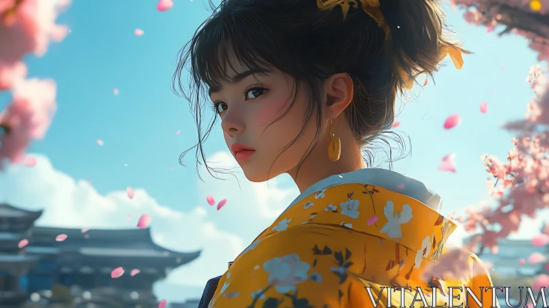 Young woman in yellow kimono under pink spring blossoms.