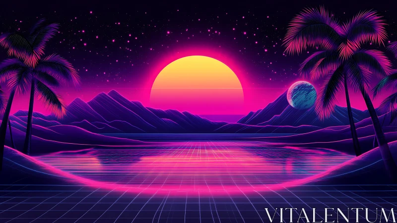 Neon sunset lagoon under retro-futuristic cosmic skies.