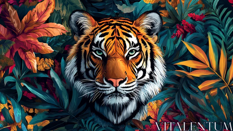 Tiger portrait rendered in vibrant digital jungle foliage