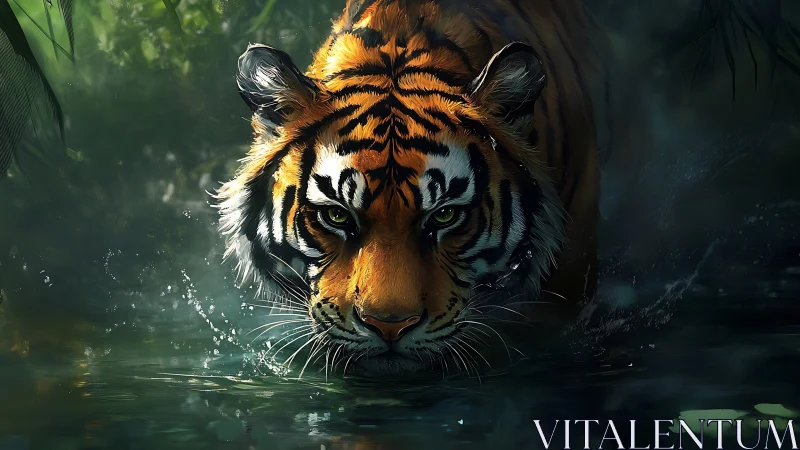 Tiger stalks through dark jungle river in low light