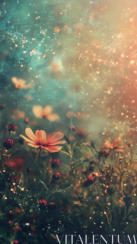 Luminescent Floral Field with Bokeh Particle Diffusion and Warm Color Gradients