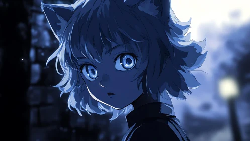 Blue-lit catgirl portrait under nocturnal streetlamp glow.