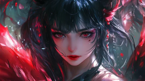Dark-haired enchantress stares through swirling crimson light.