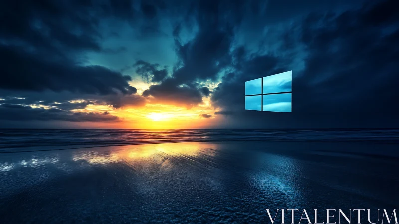 Windows logo over dramatic ocean sunset digital wallpaper.