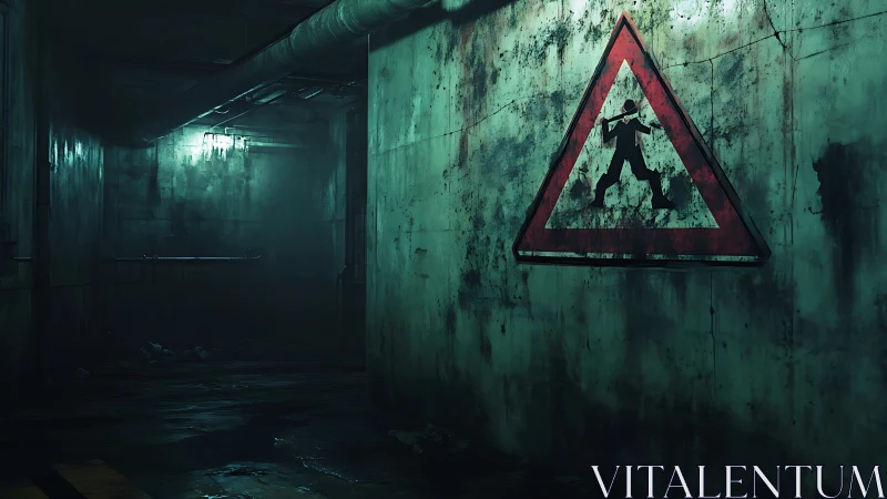 Underground corridor shows worn hazard sign on stained wall