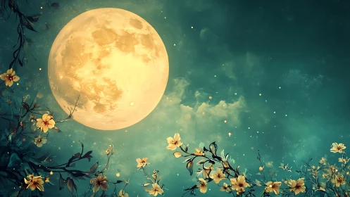 Full moon above flowering branches in teal night sky.