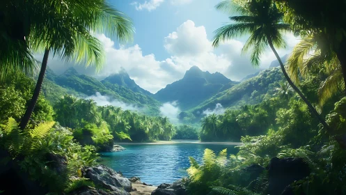 Hidden tropical lagoon cradled by misty emerald peaks.
