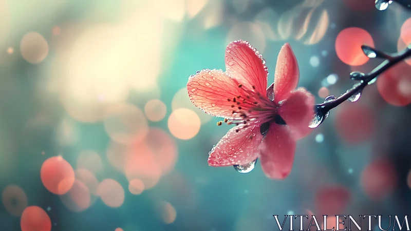 Coral flower petals caught in dewdrops with bokeh background