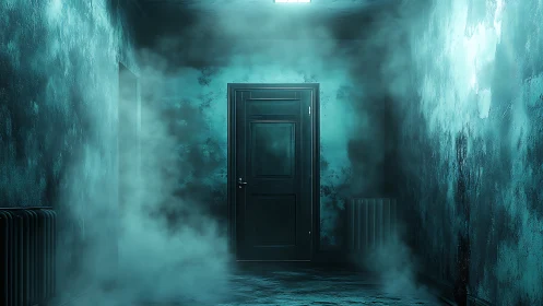 Closed dark door in fog filled narrow corridor at night.