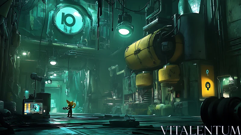 Feline mechanic explores neon-lit industrial reactor hall.