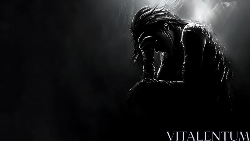 Silhouetted figure in anguish under stark monochrome backlight.