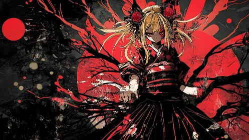 Bloodlit anime warrior stands amid abstract crimson chaos.