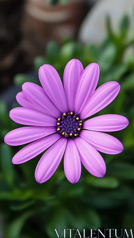 Soft lavender daisy glowing gently against lush garden greens.