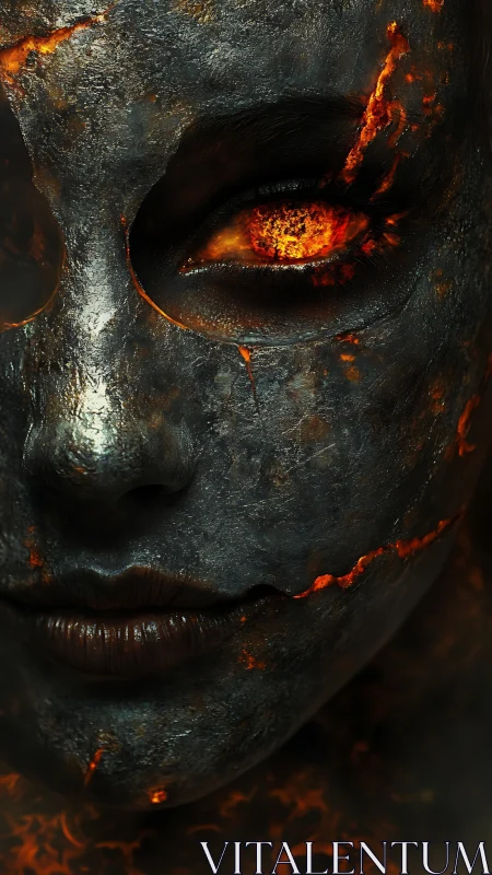 Molten stone face with fiery eye and cracked surface.
