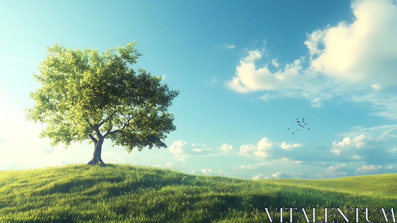 Lone Tree on Sunlit Hill with Bright Green Grass in Realistic Style.