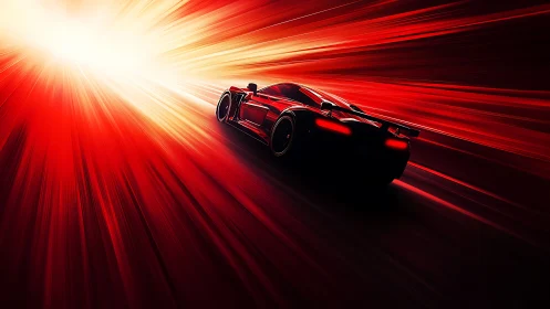 Red sports car in motion against radiant light burst field.