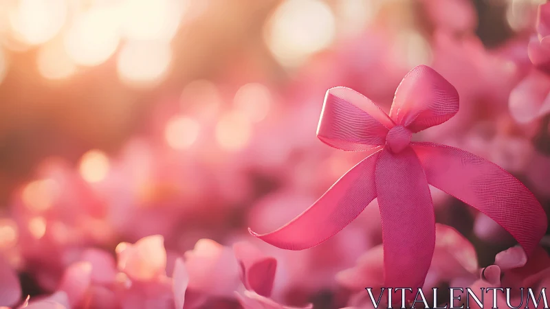 Pink Silk Ribbon Bow with Bokeh Background in Warm Lighting.