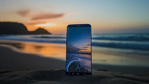 Mobile Device Displaying Coastal Sunset at Beach.