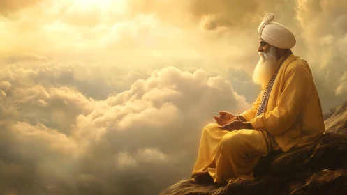 Sikh elder meditates above sunlit clouds in golden serenity.